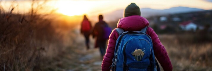 illegals crossing border for a better life - line of migrants with their personal belongings in a backpack