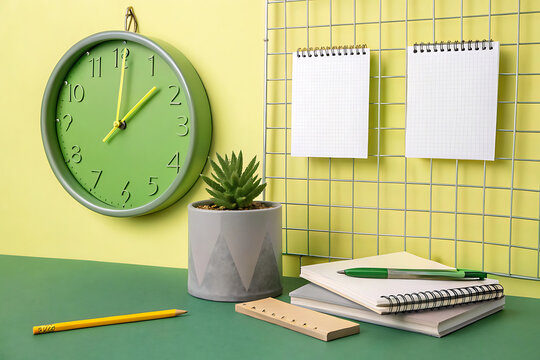 Back to school concept shows education time with a clock near a book and pen, representing the business of learning and school deadline
