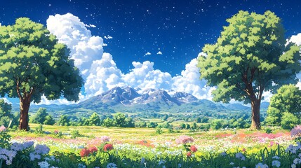 A vibrant, summer landscape with mountains and wildflowers.