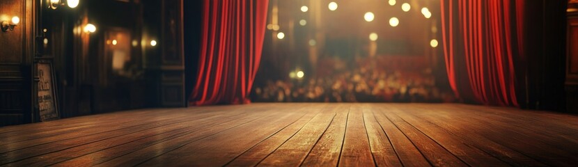 A Theater Stage Awaits:  Empty Wooden Stage with Red Curtains and a Blurred Audience
