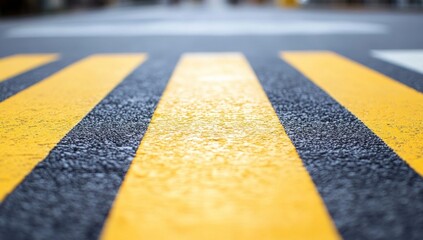 Close-up of Yellow and Black Zebra Crossing Lines on Asphalt Road