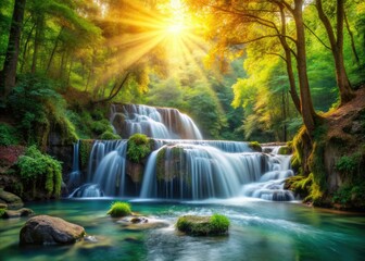 Obraz premium Serene Waterfall Forest Creek Picturesque Landscape Sunbeams Dappled Water Tranquil Nature Photography