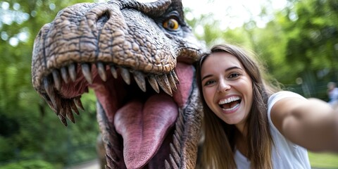  influencer taking selfie with tyrannosaurus rex dinosaur