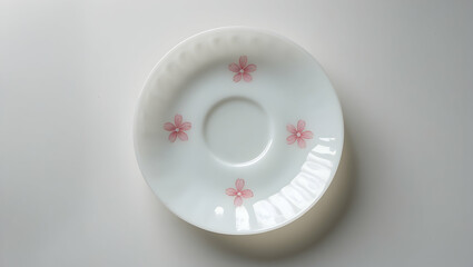 Empty white plate decorated with flowers isolated on transparent background, PNG