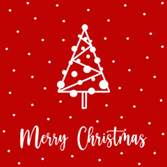 Christmas tree in geometric style for greeting card. Hand drawn Xmas tree with circles and lines on red background. Concept modern Christmas tree greeting card to send Merry Christmas wishes.