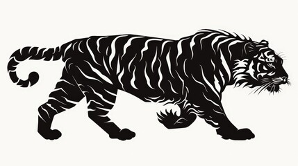 Fototapeta premium Black and White Tiger Silhouette Walking with Bold Stripes on Light Background