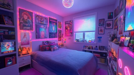 Neon Dreamscape Bedroom: A vibrant and stylish teen bedroom, illuminated with LED lights and adorned with anime and retro posters.