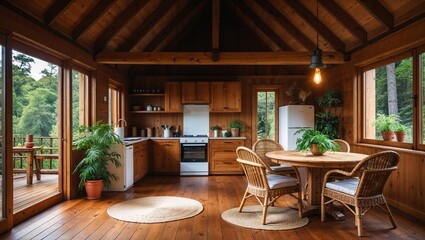  a rustic, open-plan kitchen and dining area with a warm, inviting atmosphere. The space features a wooden interior with a high, slanted ceiling and exposed beams, creating a cozy cabin-like feel. 