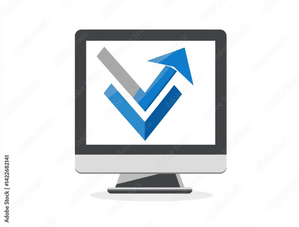 Wall mural flat vector logo of computer screen with upward arrow representing website traffic growth, digital m