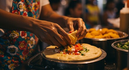 Person preparing flatbread with vegetable toppings at an outdoor market