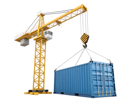 3d yellow construction crane lifting a blue cargo isolated on a white background png