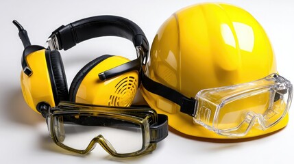 Safety gear including a yellow hard hat, goggles, and headphones, essential for protection in construction or industrial work environments.