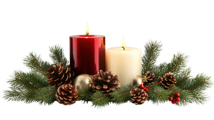 Cozy Christmas Decoration with Burning Candle, Pine Cones, and Festive Greenery isolated on white background
