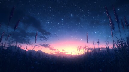 Starlit meadow at sunset, a serene twilight scene.