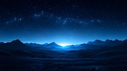 Nightly celestial panorama over a vast mountain range.