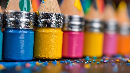 Obraz premium Vibrant pencils in a row with colorful paint and specks