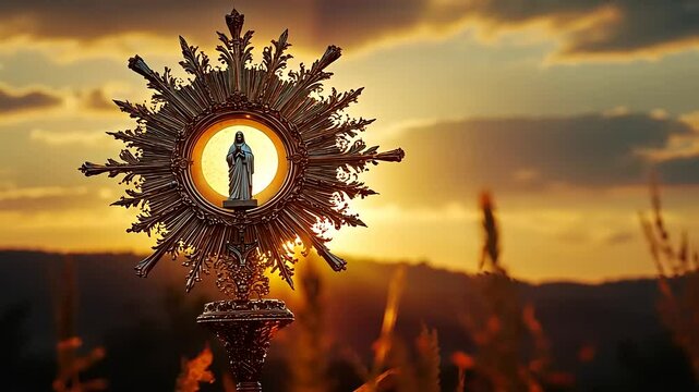 A golden sunburst monstrance with a statue of a saint against a sunset backdrop in nature