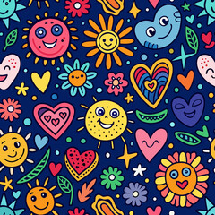 Fototapeta premium A cheerful and vibrant Seamless pattern on a dark blue background featuring smiling suns, hearts with faces and patterns, colorful flowers, stars, and abstract shapes.