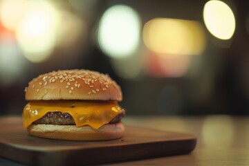 Hamburger on wood plate with all fresh Ingredients.