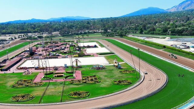 aerial footage of Santa Anita Park racetrack in Arcadia California USA