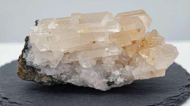 Macro image showing a beige, white apophyllite mineral specimen with crystal formations on a dark slate base against a neutral background