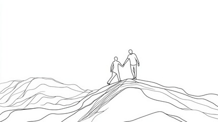 Single continuous line drawing of young male energetic businessman holding hands his partner to help climbing the hill. Trendy teamwork support concept one line draw graphic design vector illustration