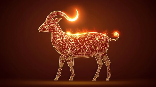 Illuminated, ornate ram silhouette, celestial design.