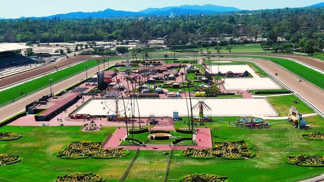 aerial footage of Santa Anita Park racetrack in Arcadia California USA