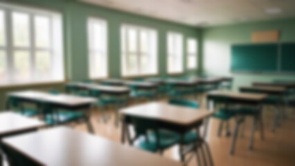 Beautiful blurred background of bright classroom and study room with panoramic windows and beautiful lighting. Blurred Empty school background.