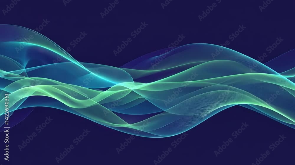 Poster vibrant abstract wave design with flowing lines in blue and green, creating movement and energy, whi