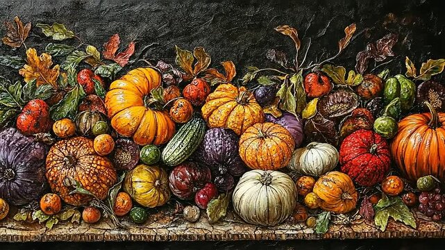 Festive autumnal bounty a textural cornucopia of colorful pumpkins and gourds display