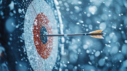 Archery competition outdoor arena sports event winter wonderland close-up precision and focus