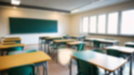 Beautiful blurred background of bright classroom and study room with panoramic windows and beautiful lighting. Blurred Empty school background.