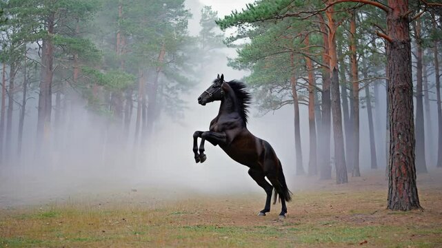 Majestic dark horse rearing up in a misty forest clearing amidst tall trees and atmospheric fog creating a wild and powerful scene.