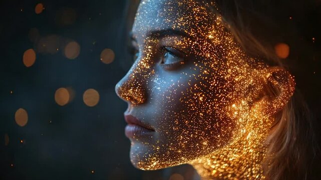 Golden glitter face portrait,  woman's face adorned with golden glitter, ethereal beauty,  illuminated by sparkling particles