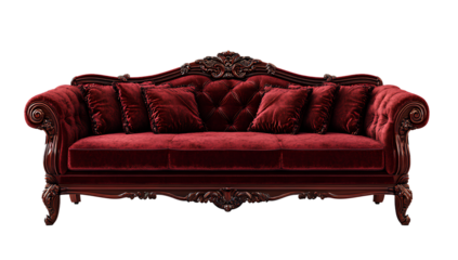 Untitled design - A vintage sofa with deep red velvet cushions and ornate carvings, centered on a transparent  background