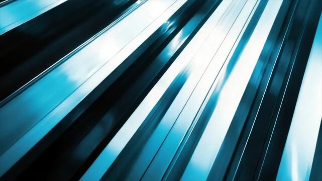Abstract metallic, diagonal stripes,  dynamic design.  A futuristic, high-tech composition of  parallel,  reflective,  blue and dark metal  bars