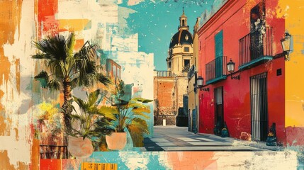 Artistic portrayal showcases a vibrant street scene with historical architecture