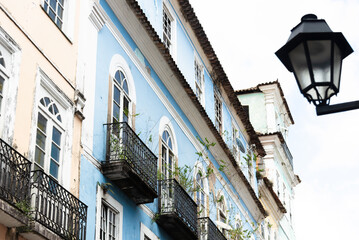 View of the facade of old houses in Pelourinho, historic center of the city of Salvador, Bahia.