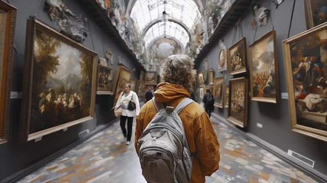 Art museum gallery interior, traveler exploring