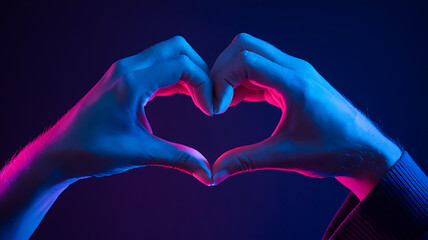 Fototapeta premium Two hands illuminated by pink and blue light forming a heart shape against a dark background.