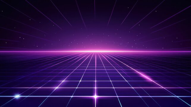 Retro grid horizon, digital sunset, futuristic backdrop