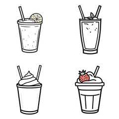 Doodle Styled Drink Set with Lemon, Strawberry, Cream, Straws on Transparent Background
