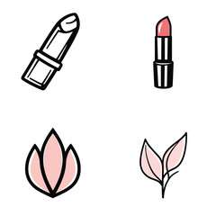 Elegant Lipstick Beauty Set with Stylish Flower Icons on White Background