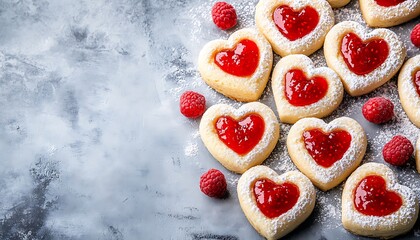 Heart-shaped cookies, raspberry filling, flour