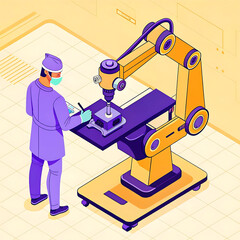 Naklejka premium Surgeon Using Robotic Arm in High-Tech Operating Room - Isometric View