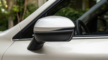 Car side mirror, suburban background, detail shot