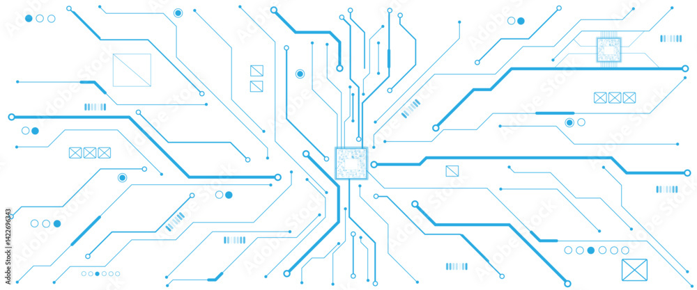 Aufkleber Vector white abstract ON power button in the center of futuristic circuit board with light glowing wires on technology background.