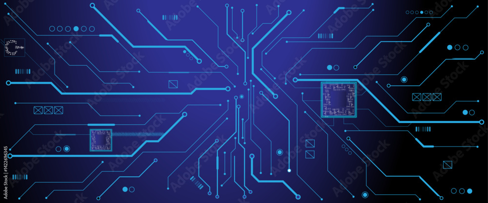 Poster Vector ON power button in the center  of futuristic circuit board with light glowing wires on technology abstract background.