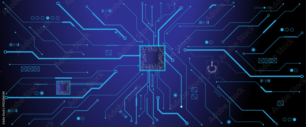 Poster Vector ON power button in the center  of futuristic circuit board with light glowing wires on technology abstract background.